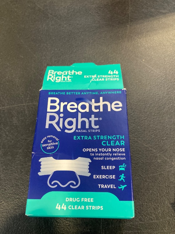 Photo 1 of Breathe Right Nasal Strips | Extra Strength | Clear | For Sensitive Skin I Drug-Free Snoring Solution & Nasal Congestion Relief Caused by Colds & Allergies | 44 Count (Packaging May Vary)