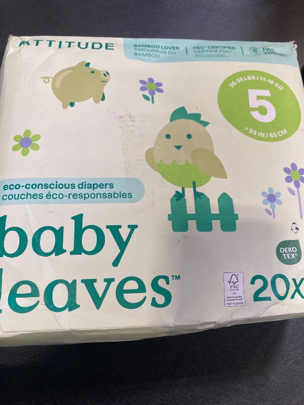 Photo 1 of ATTITUDE Eco-Conscious Disposable Diapers, EWG Verified, Size 5 (26-35 lbs), Ultra Absorbent for Baby, Vegan & Plant-Based, 20 Count
