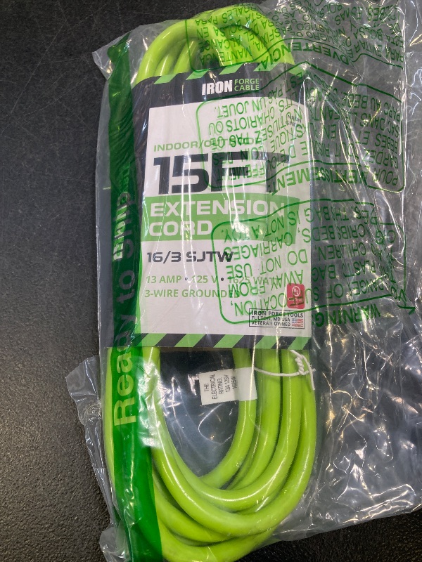 Photo 1 of Iron Forge Cable Weatherproof 15 Ft Outdoor Extension Cord - 16/3 SJTW 13 Amp Heavy Duty Neon Green High Visibility Cable with 3 Prong - Lighted End