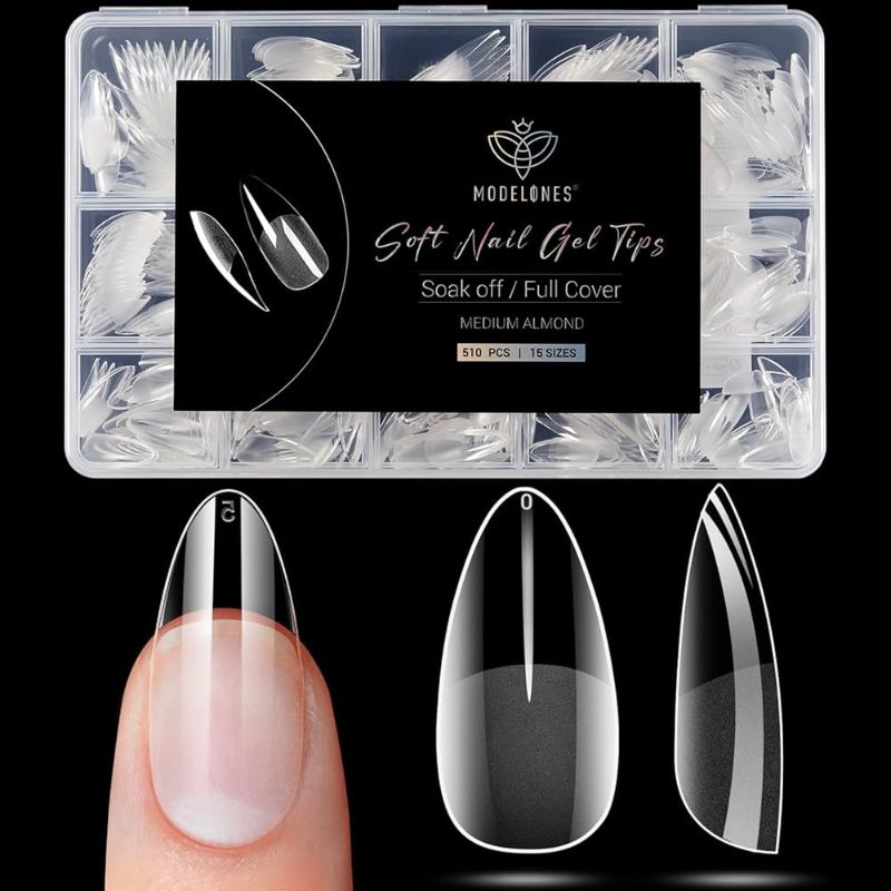 Photo 1 of Modelones Almond Fake Nail Tips -510Pcs Medium Soft Gel Nail Tips Almond Shape Pre Etched Half Matte Full Cover Clear Acrylic Gel Kit False Press on for Extension Manicure Salon DIY at Home 15 Sizes
