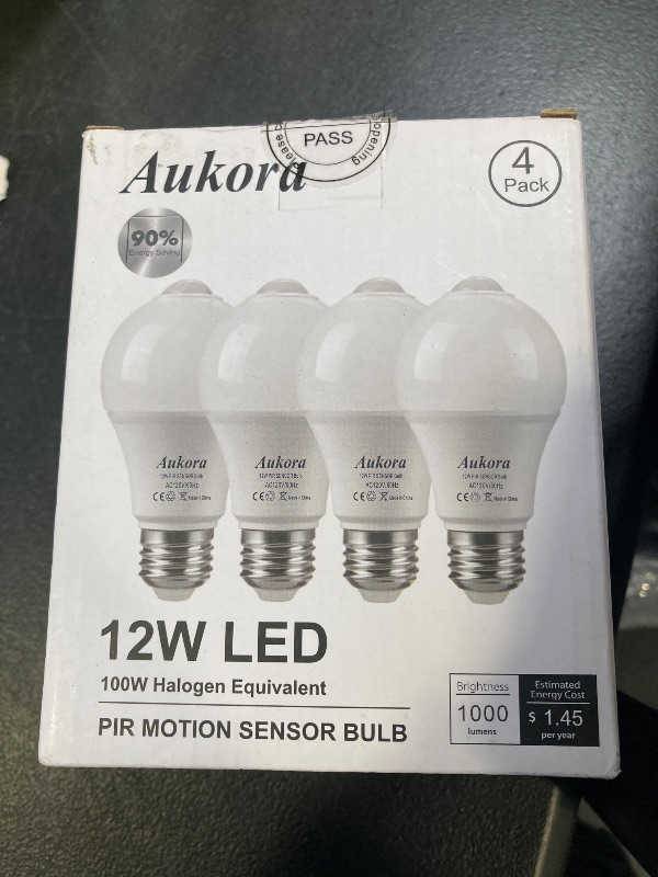Photo 1 of Aukora Motion Sensor Light Bulbs 4-Pack, 12W (100-Watt Equivalent) E26 Motion Activated Dusk to Dawn Security Light Bulb Outdoor/Indoor for Front Door Porch Garage Basement Hallway Closet(Warm White)
