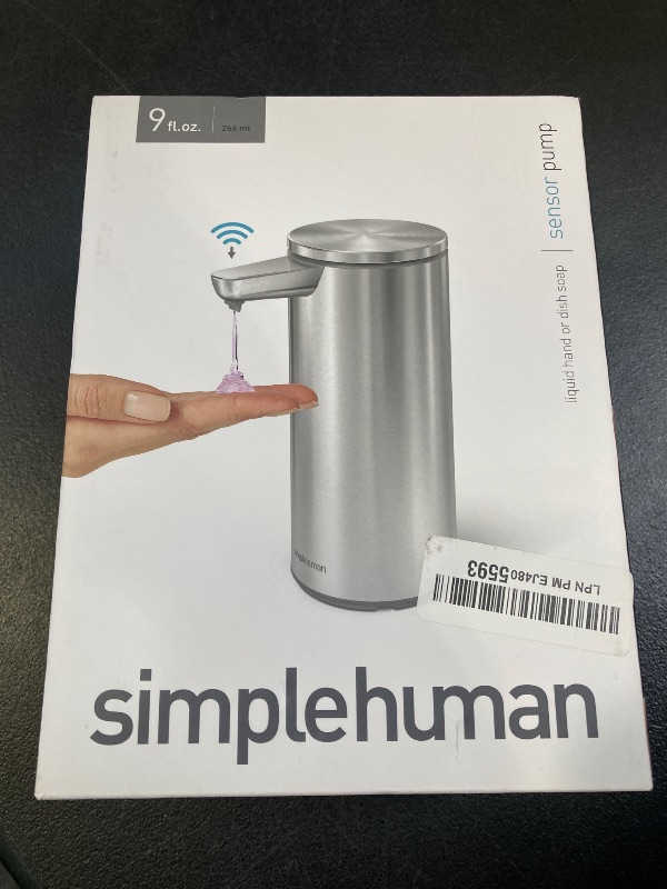 Photo 1 of simplehuman 9 oz. Touch-Free Automatic Rechargeable Sensor Pump, Brushed Stainless Steel, New