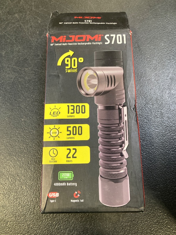 Photo 1 of MIJOMI Flashlight, Rechargeable Flashlight with 1300 High Lumen Dual Modes Spotlight and Floodlight, 90 Degree Swivel Head with Magnet Max 22H Runtime, for Work, Repair, Emergency S701