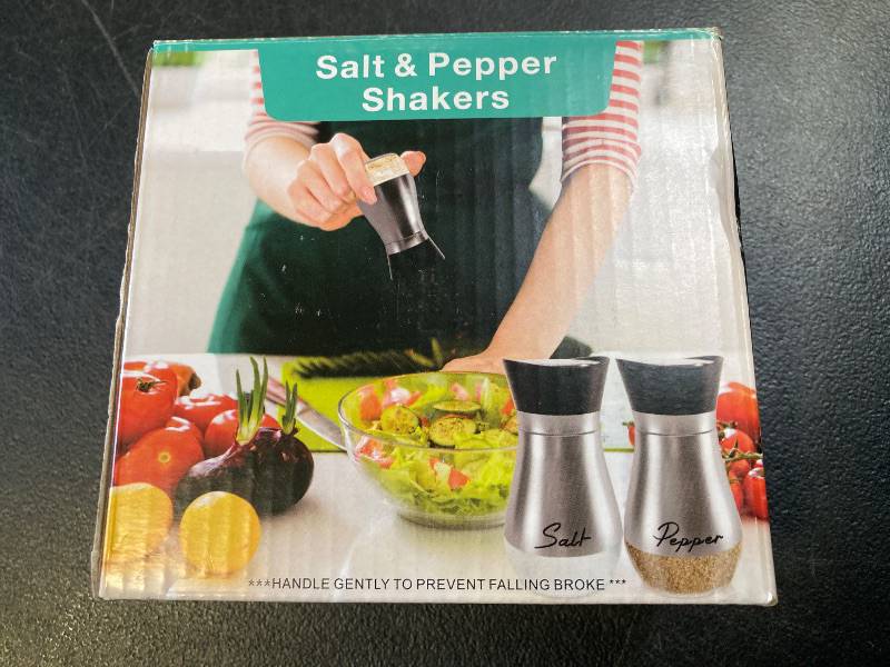Photo 1 of Salt and Pepper Shakers Set, 4 oz Glass Bottom Salt Pepper Shaker with Stainless Steel Lid for Kitchen Gadgets Cooking Table, RV, Camp,BBQ Refillable Design (Silver)