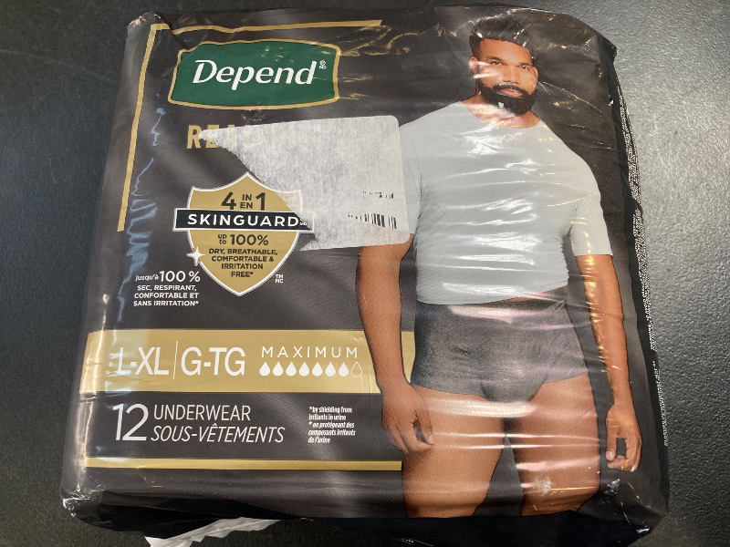Photo 1 of Depend Real Fit Incontinence Underwear for Men, Disposable, Maximum Absorbency, Large/Extra Large, Grey, 12 Count, Packaging May Vary