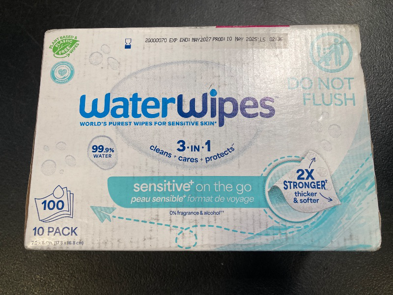 Photo 1 of WaterWipes On The Go Wipes, 99.9% Water, 3-In-1 Cleans, Cares, Protects, Unscented & Hypoallergenic, 100 Count (10 Packs), Packaging May Vary