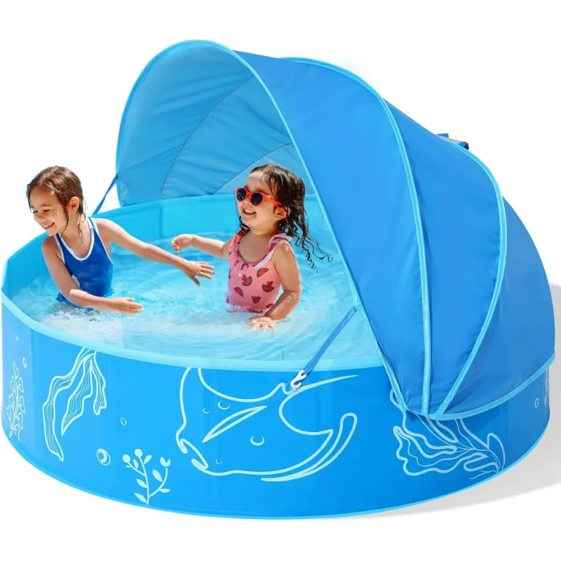 Photo 1 of Foldable Kiddie Pool with Canopy: 47in Baby Pool and Beach Tent for Toddlers Infants 6-12 Months and Kids 2-4 Years Old - Portable Water Play with Shade for Outdoor Backyard Beach (Blue-Blue)

