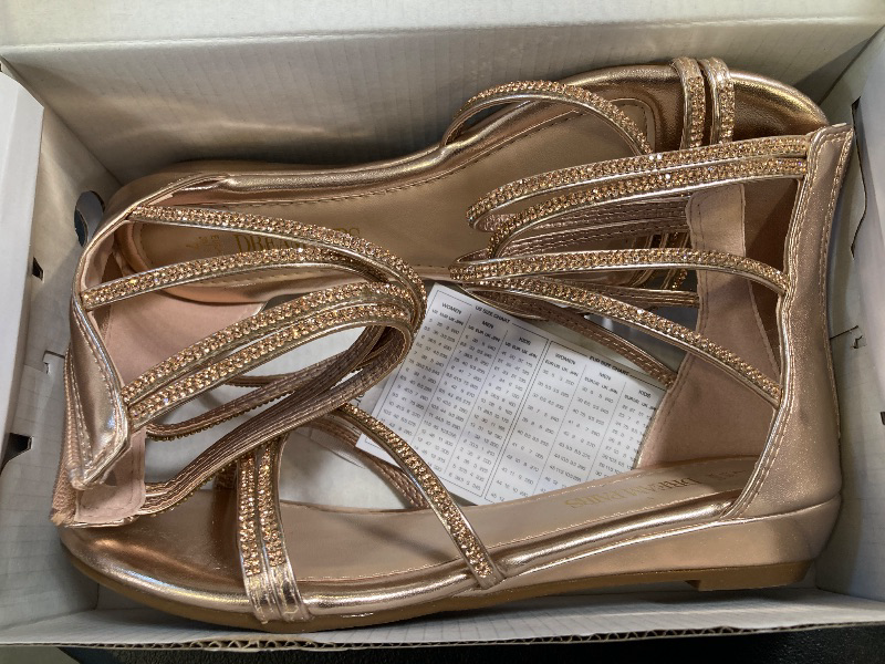 Photo 1 of DREAM PAIRS Women's Ankle Strap Flat Sandals Summer Dressy Strappy Gladiator Rhinestones Sandals, Size 7, Champagne / Gold-Pu