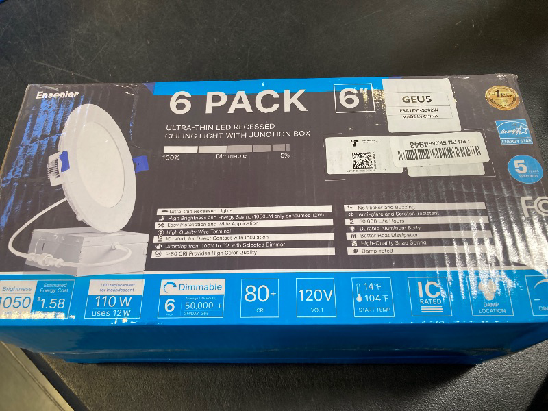 Photo 1 of Ensenior 6 Pack 6 Inch LED Recessed Light, Dimmable, 6000K Clear White, 1200LM High Brightness, 12W 120V, Damp Rated, Ultra-Thin Canless Wafer Ceiling Light - ETL & FCC & IC