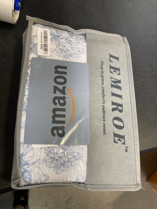 Photo 1 of LEMIROE Vintage 100% Cotton Duvet Cover Queen Size 3PC - Elegant Pale Slate Blue Floral Pattern on White with Light Blue & White Striped Reverse, Luxurious Bedding Set with Button Closure (90"×90")