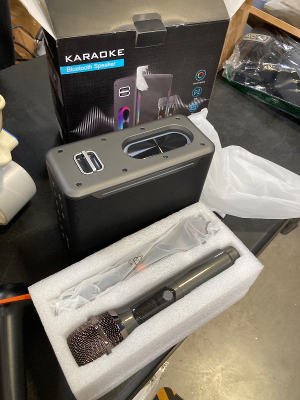 Photo 1 of Karaoke Machine with Two Wireless Microphones, Powerful Portable Bluetooth Speaker for Adults & Kids, PA System with 2 Voice Mode, LED Lights, Supports BT/TWS/AUX/USB/TF for Party (Black)