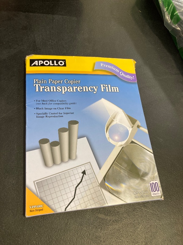 Photo 1 of Apollo Transparency Film for Plain Paper Copier, Black on Clear Sheet, Without Stripe, 100 Sheets/Pack (VPP100CE)