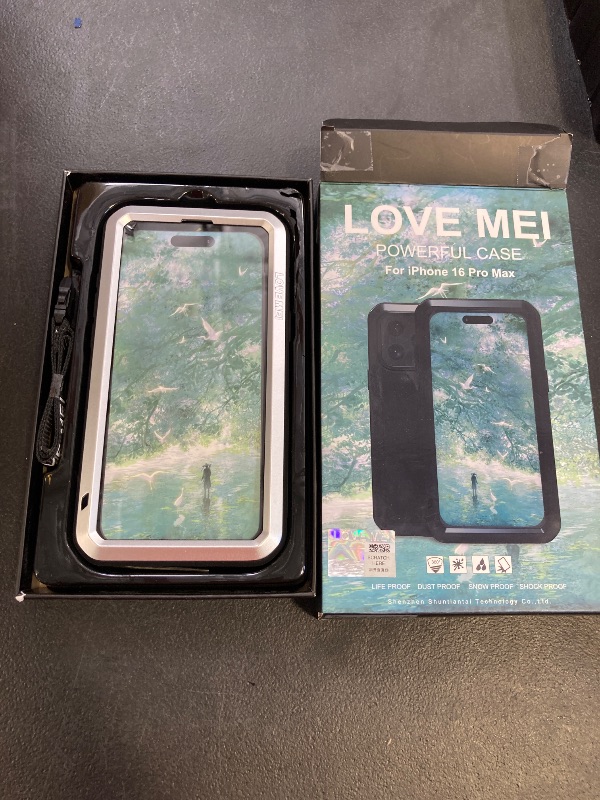 Photo 1 of LOVE MEI Military Rugged Case for iPhone 16 Pro Max, with Tempered Glass Screen Protector, Shockproof Dustproof Scratch Proof Hybrid Metal and Silicone Gel Heavy Duty Full Body Cover Silver