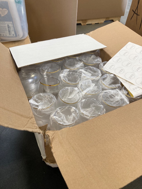 Photo 1 of 48 piece Stemless Unbreakable Crystal Clear Plastic Wine Glasses Set of 48 (10 Ounce - Gold Rim)