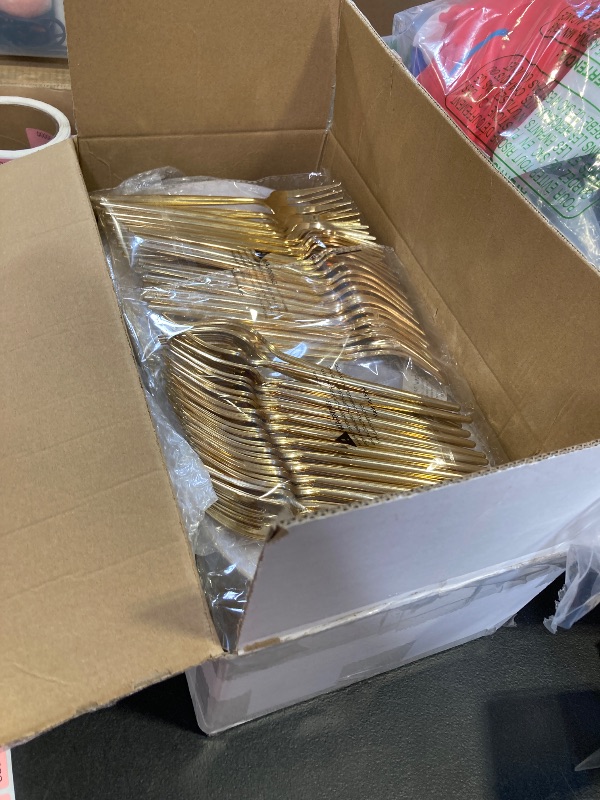 Photo 1 of Rubtlamp 200Pcs Gold Plastic Dessert Plates,White Appetizer Platos with Gold Disposable Forks, Fancy Small Dessert/Cake Plates Include 100pcs 7.5" Salad Platos, 100pcs 7.6" Plastic Forks for Party