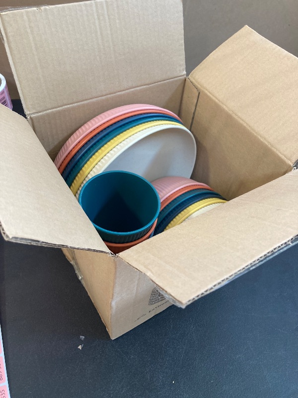 Photo 1 of 18PCS Wheat Straw Dinnerware Sets Unbreakable Dinnerware Sets Reusable Cups Plates and Bowls Sets Microwave Dinnerware Set for Kitchen Travel Camping