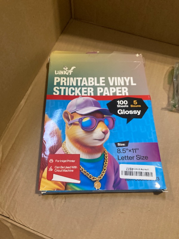 Photo 1 of Uinkit 105 Sheets Premium Printable Vinyl Sticker Paper for Inkjet Printer Cricut, Included 100Sheets Glossy (Extra 5 Sheets Transparent for Free), Dries Quickly Tear-Resistant, Removable, Adhesive