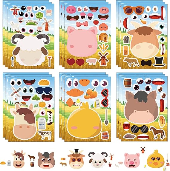 Photo 1 of 24 Sheets Farm Animal Make a Face Sticker Sheets for Kids Toddlers Activities, Make Your Own Stickers for Kids Birthday Party Favor Supplies Craft
