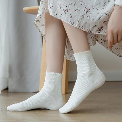 Photo 1 of 2pairs zrylibya Women Cute Ruffle Frilly Turn Cuff Ankle Socks Scalloped Pointelle Solid Casual Crew Socks 4 Pairs  