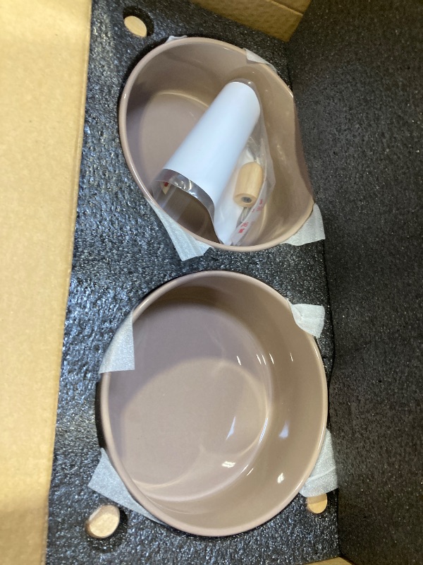Photo 1 of Havniva Ceramic 6.1inch Raised Dog Bowl with Stand for Small and Medium Breed Dog Dish Pet Food and Water Bowl (Double Bowl with Stand - Brown Coffee, 28oz)