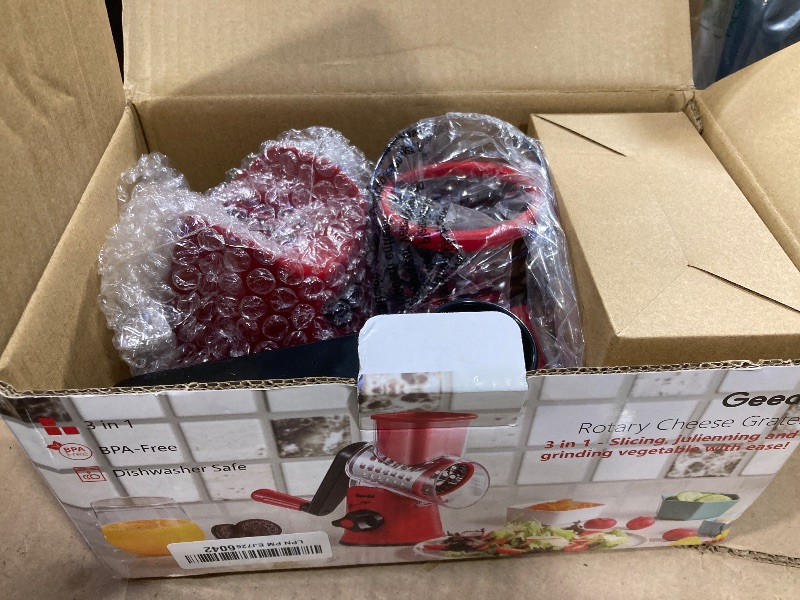 Photo 1 of Geedel Rotary Cheese Grater, Kitchen Mandoline Vegetable Slicer with 3 Interchangeable Blades, Easy to Clean Grater for Fruit, Vegetables, Nuts