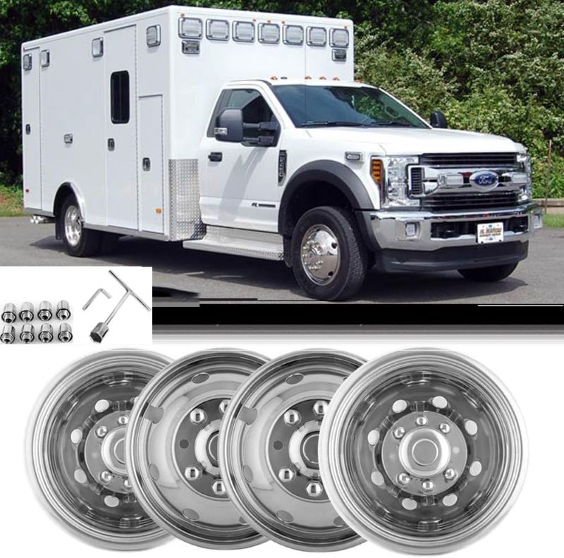 Photo 1 of 4pcs 16" Hubcaps fit on Ford F350 1974-1998;E350/E450 1992-2021;Dodge Ram 3500 1974-1999, Polished Stainless Steel Dually Wheel Simulators, Bolt On 8-Lug 8-Hand Hole Wheel Cover C16F80
