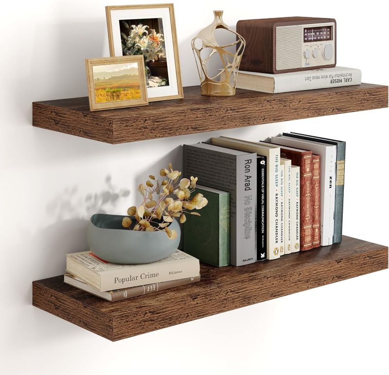 Photo 1 of Heimlove 24 inch Floating Shelves for Wall,9.3 inch deep Brown Bathroom Over Toilet Shelf,Wall Mounted Rustic Wood Shelves for,Bedroom,Living Room,Kitchen,Office Decor Set of 2-Brown
