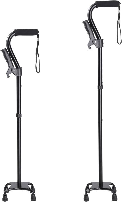 Photo 1 of Adjustable Walking Cane for Men & Women – 4-Pronged Base for Stability – Foldable Cane for Seniors with Foam Padded Offset Handle(Black)
