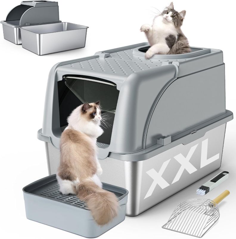 Photo 1 of Stainless Steel Litter Box, XXL Large Metal Covered Litter Boxes, Dual Entrance Detachable Cat Litter Box with Lid, 16.6'' High Wall Urine Leak Prevention with Cat Litter Scoop (Gray)
