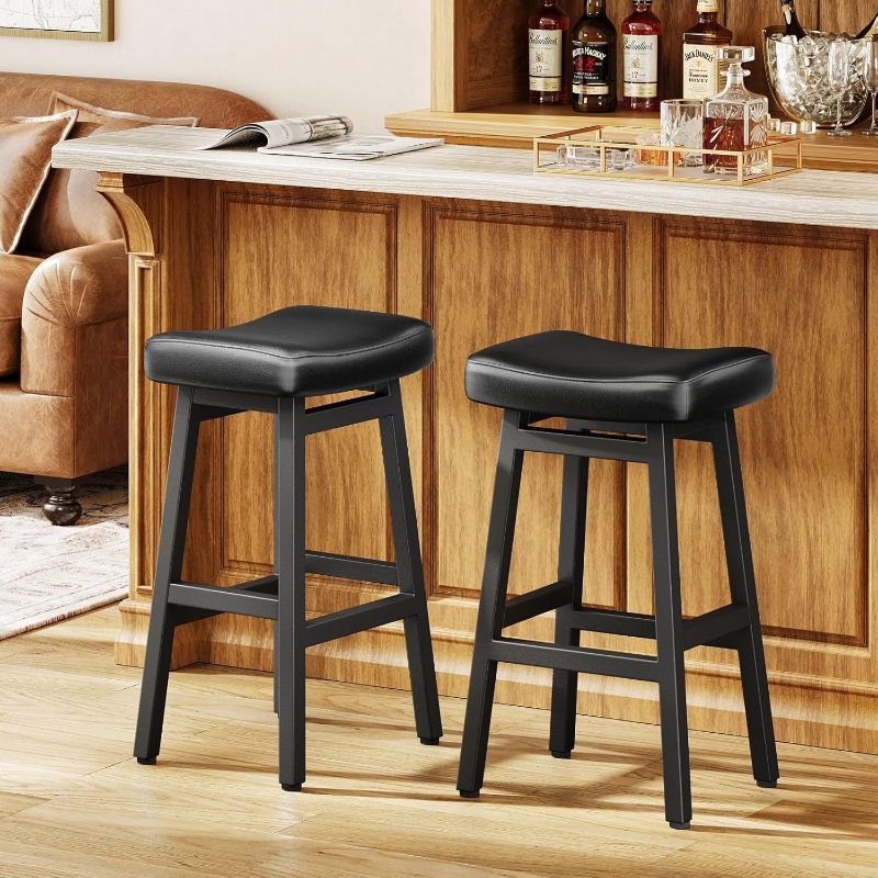 Photo 1 of 29 Inches Bar Stools Set of 2, Bar Height Barstools for Home Counter, Blackless Barstool with Bonded Leather Saddle Seats & Heavy Duty Metal Legs, Easy Assembly, All Black
