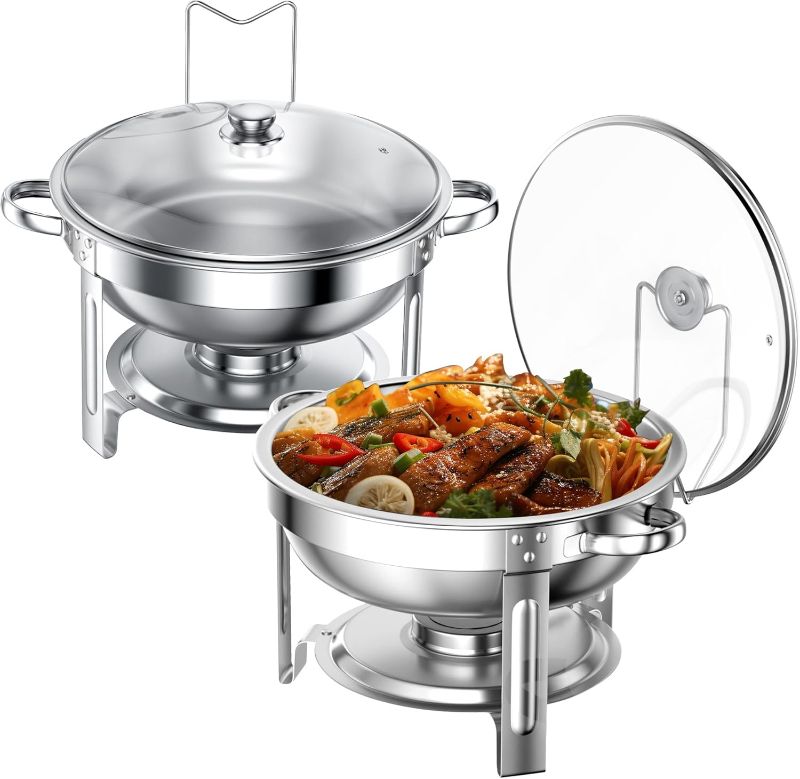 Photo 1 of Chafing Dishes for Buffet Set: 100% Pre-installed Chafers for Catering - Round Chafing Dish Buffet Set with Lids | Chafers and Buffet Warmers Sets | Serving Food Warmer | Chafers Servers Sets
