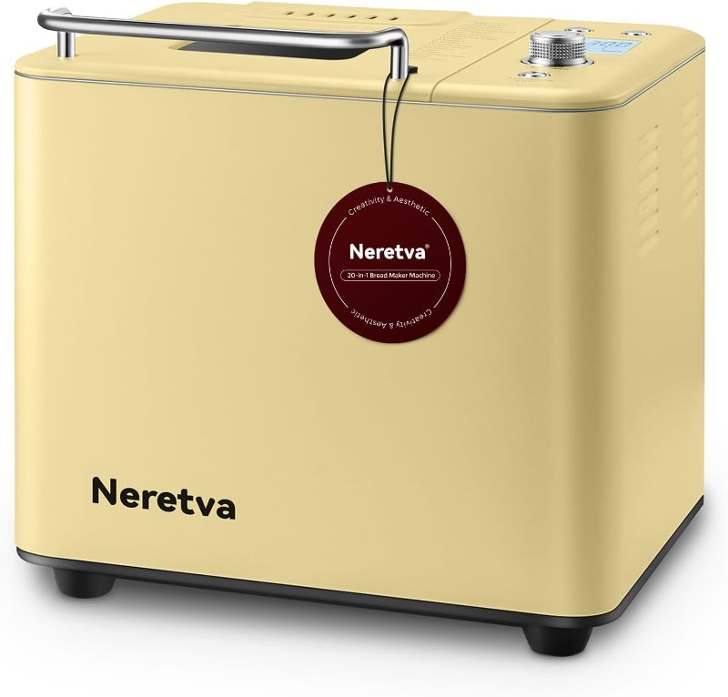 Photo 1 of Neretva 20-IN-1 Bread Maker, Dual Heater 2LB Bread Machine Stainless Steel Bread Maker Machine Nonstick Ceramic Pan Compact for Gluten Free/Sourdough/Whole Wheat Bread/Yogurt, Breadmaker Recipe-Yellow
