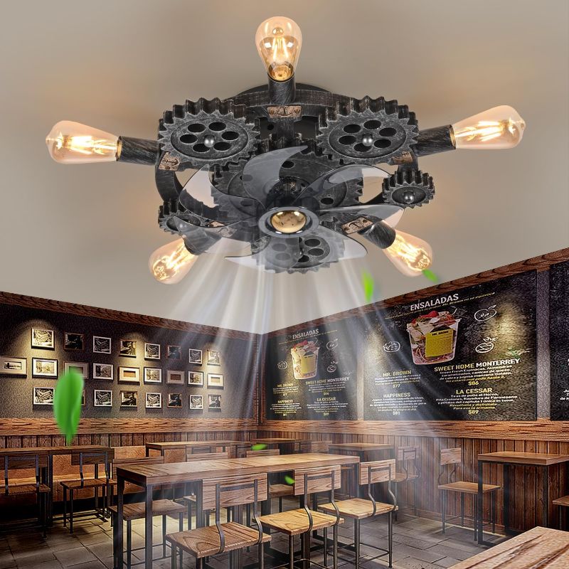 Photo 1 of 20" Retro Industrial Steampunk Ceiling Fans with Lights and Remote,Low Profile Flush Mount Bladeless Ceiling Fan with Light,Nautical Style 6 Speeds for Bedroom Kitchen Island Bar Cafe
