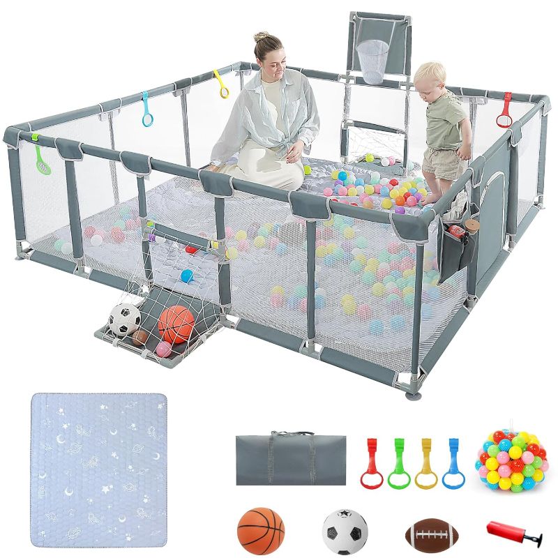 Photo 1 of Baby playpen, 79"x71"Baby Playpen with Mat Indoor?Outdoor Playpen for Babies and Toddlers with Breathable Play Pen with Ocean Balls Hanging Pocket Basketball Hoop and Football Goal
