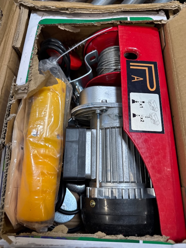 Photo 1 of Electric Hoist 440 Lbs, 110V Electric Winch with 13ft Remote Control, Material Handling Tool with 38ft Lifting Height for Garage, Factories, Warehouses, Attic, Emergency Stop Switch
