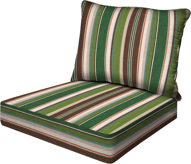 Photo 1 of Honeycomb Outdoor Essentials Deep Seat, 24 x 24, Stripe Pine Green Chair Cushion for Patio Furniture
