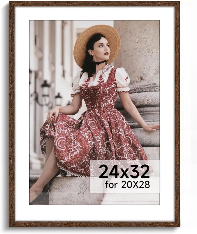 Photo 1 of HLiWEGNS Dark Brown 24x32 Frame - Single Frame - Rustic Woodgrain 24x32 Poster Frame for Pictures 20x28 with Mat or Picture Frame Without mat for Wall Gallery Display
