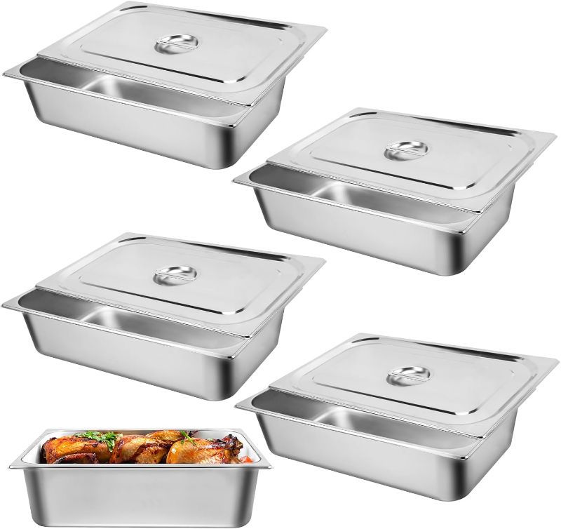 Photo 1 of Hotel Pan, Full Size Steam Table Pan 6" Deep Stainless Steam Table Pan with Lid Full Size Food Pan 20.8" L x 13" W Anti Jam Stainless Steel Buffet Pan Commercial Stainless Steel Pan (4 Pack)
