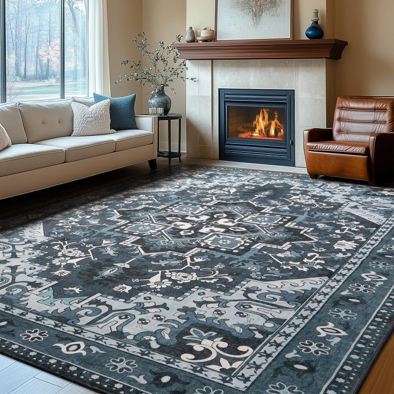 Photo 1 of Rugflix 8x10 Area Rugs Machine Washable, Dark Navy Blue Carpet for Living Room, Oriental Indoor Area Rug Low Pile, Large Soft Thick Carpets Non Slip, Farmhouse Vintage Rug for Bedroom Dining Room
