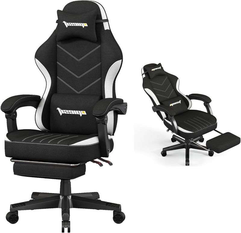 Photo 1 of Gaming Chair,Fabric Computer Chair with Pocket Spring Cushion,400 lb Load Capacity,Ergonomic Office Chair with Footrest,Height Adjustable Video Gamer Chair with Lumbar Support (Black)
