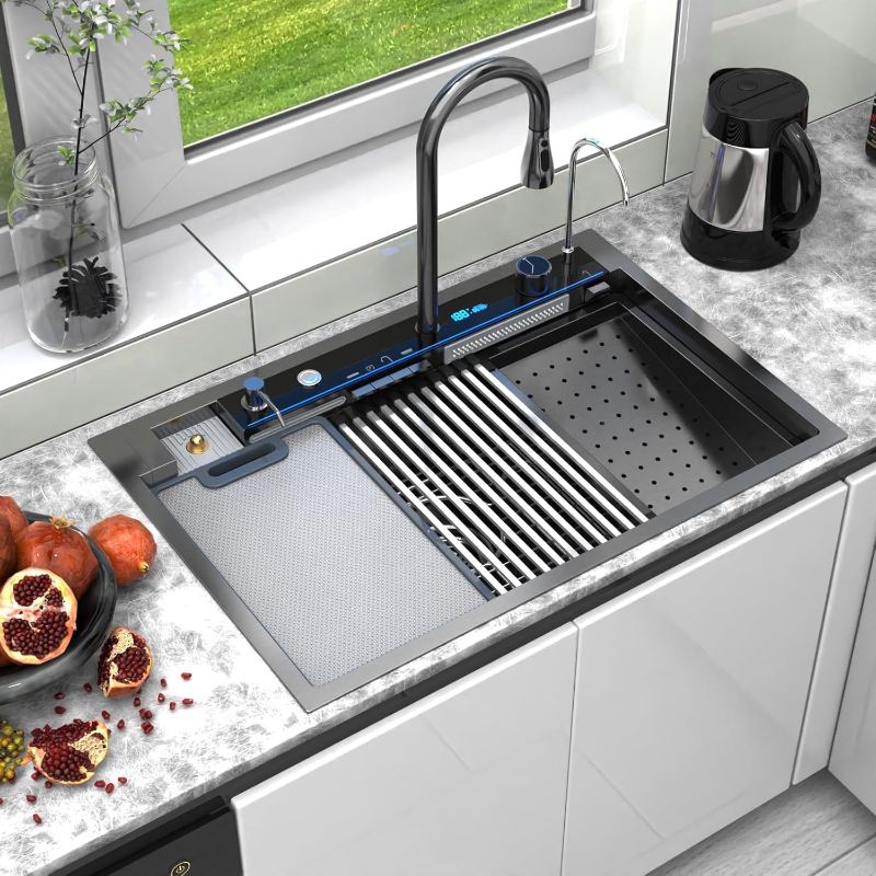 Photo 1 of 33x22 inch Black Drop In Waterfall kitchen Sink Multi-function Integrated - Qubfuen, Digital Display Ambient Light, Sink with Workstation 16 Gauge Metal Black Stainless Steel Single Bowl
