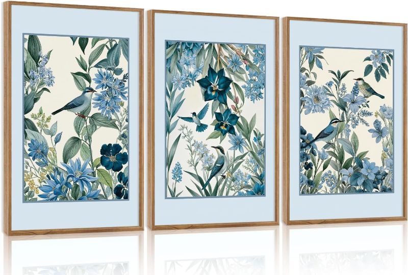 Photo 1 of Aurlan Vintage Blue Birds and Botanical Framed Wall Art(16"x24"), 3PCS Classic Chinoiserie Audubon Bird Canvas Artwork, Large Abstract Watercolor Flowers Floral Home Decor for Bedroom Living Room
