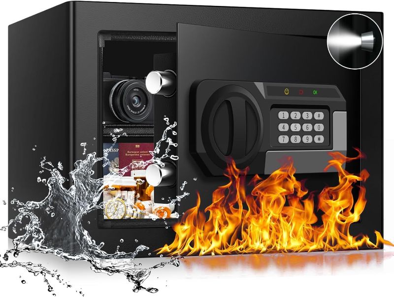 Photo 1 of 1.2 Cub Small Fireproof Safe for Home, Personal Fire Safe Box with Digital Keypad Key and Removable Shelf, Small Security Box for Money Firearm Medicine Valuables
