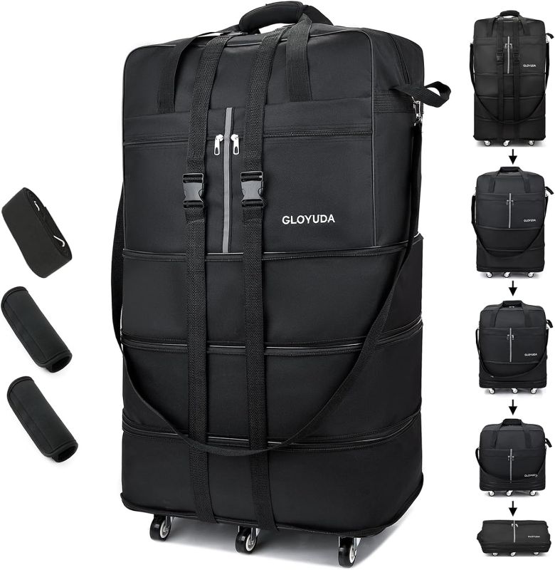 Photo 1 of Gloyuda Expandable Foldable Luggage, 36'' Suitcase With Spinner Wheels, Rolling Duffel Travel Bag, Collapsible Luggage, With 2 Luggage Handle Wrap and 2 Fixing Straps, 1 Shoulder Strap (Black)