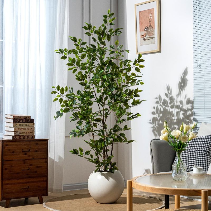 Photo 1 of Artificial Ficus Tree Indoor 6ft, Large Potted Faux Tree with Realistic Silk Leaves & Trunk for Home Office, Living Room Corner Decor
