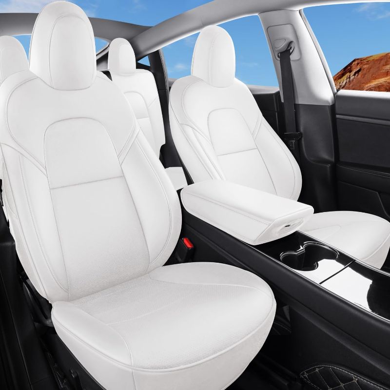 Photo 1 of Tesla Model Y Car Seat Covers Nappa Leather Car Interior Seat Airbag Compatible Cushion Cover Full Set Custom Fit 2024 2023 2022 2021 2020, Nappa White

