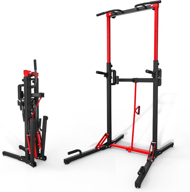 Photo 1 of ONETWOFIT Foldable Power Tower Pull Up Bar Station, Multi-Function Adjustable Height Dip Station for Home Gym Workout, Strength Training Fitness Equipment, Pull Up Stand
