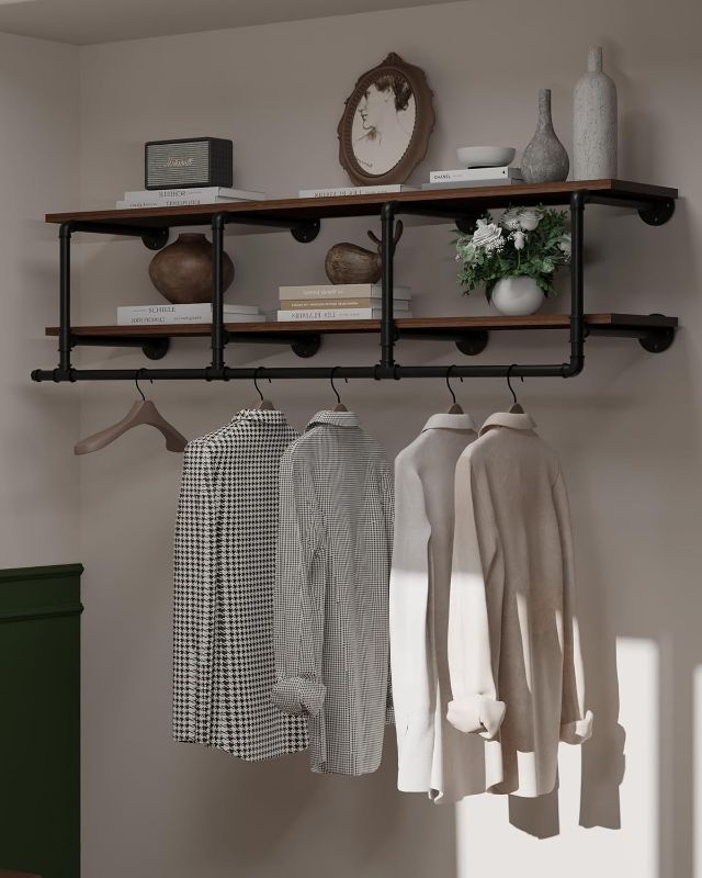 Photo 1 of Wall Mounted Clothes Rack 12 Inch Deep, 60 Inch Heavy Duty Garment Rack with Real Walnut Wood Shelf, Multi-Purpose Hanging Rod & Space-Saving Closet Storage Organizer
