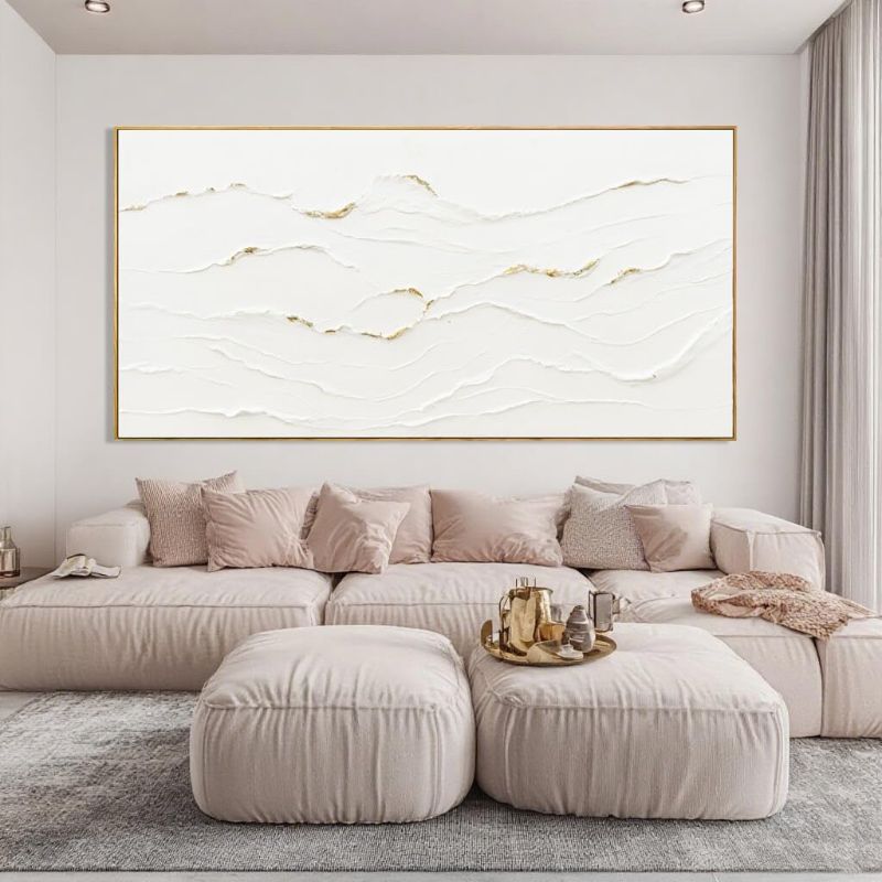 Photo 1 of Large Wavy Line White Abstract Wall Art with Frame Minimalist Modern Hand drawn Painting Textured Poster for Living Room Dining Room Bedroom Decor 29"x58"
