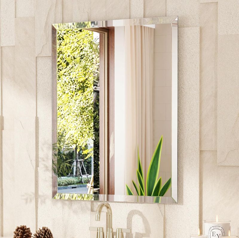 Photo 1 of VocalStar Frameless Bathroom Mirror, 24" x 36" Rectangle Wall Mirror with Beveled Edge, Modern Decorative Vanity Mirrored for Living Room, Entryway, Bedroom | 1/4-Inch Shatterproof Glass
